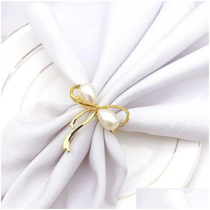 Napkin Rings Napkin Rings 6Pcs Golden Cute Pearl Bow Shape Serviette Buckle For Wedding Party Table Decoration Kitchen Supplies Home G Dhyl9