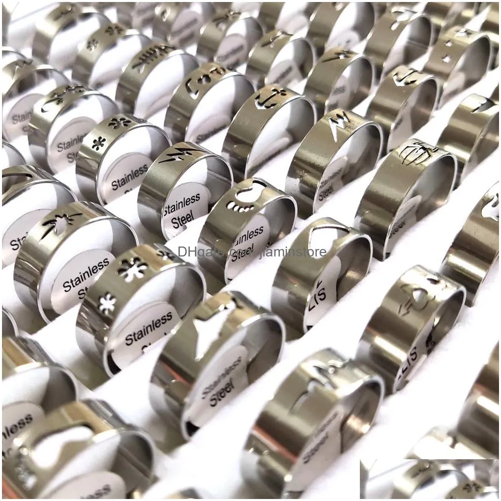 Band Rings Bk Lots 100Pcs Lot Top Mixed Laser Cut Stainless Steel Sier Ring Men Women Fashion Cool Finger Party Jewelry239R Jewelry Ri Dhusg