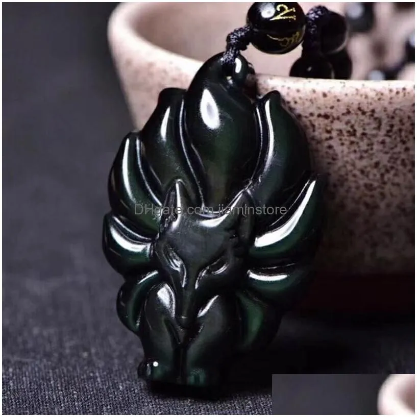 Pendant Necklaces Natural Rainbow Eye Obsidian Ninetailed Fox Pendant Female Male Vintage Crystal Jewelry253A Jewelry Necklaces Pendan Dhp5J