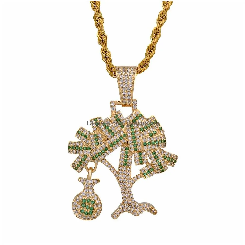 Pendant Necklaces Us Dollar Money Tree Pendant Necklace With Steel Rope Chain Gold Color Cubic Zircon Mens Hip Hop Jewelry2499 Jewelry Dhx3B