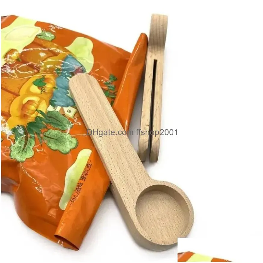 design wooden coffee scoop with bag clip tablespoon solid beech wood measuring tea bean spoons clips gift