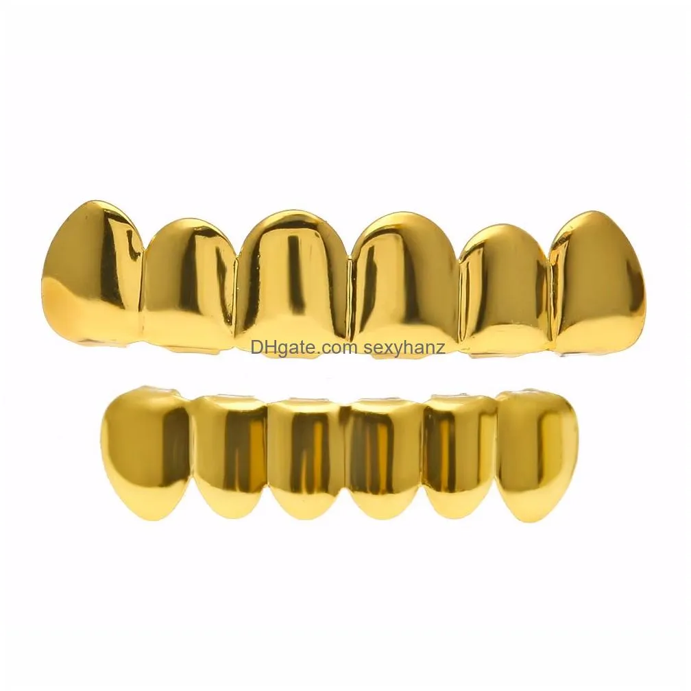 real shiny 18k gold rhodium plated hiphop teeth grillz caps top bottom grill set for men8214888