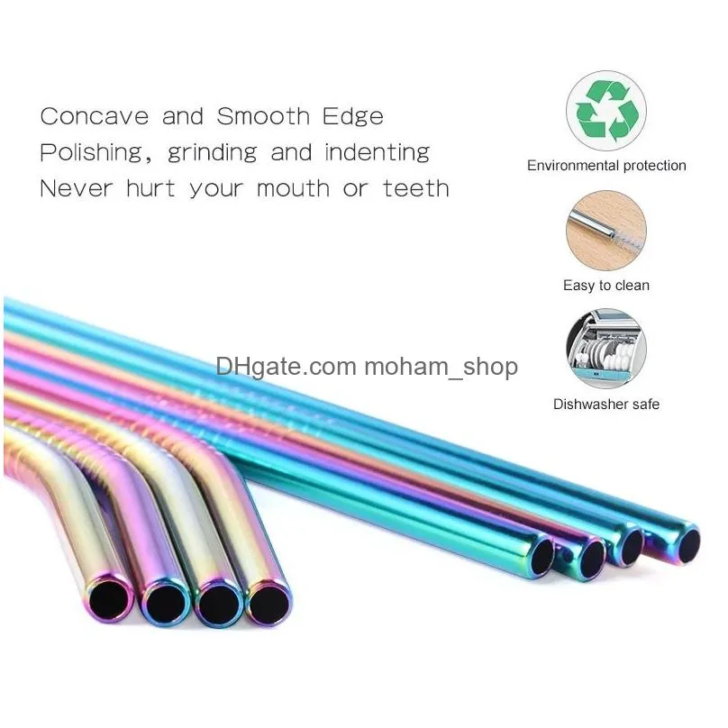 metal reusable 304 stainless steel straight bend drinking straw with case cleaning brush set party bar attachment inventory wholesale