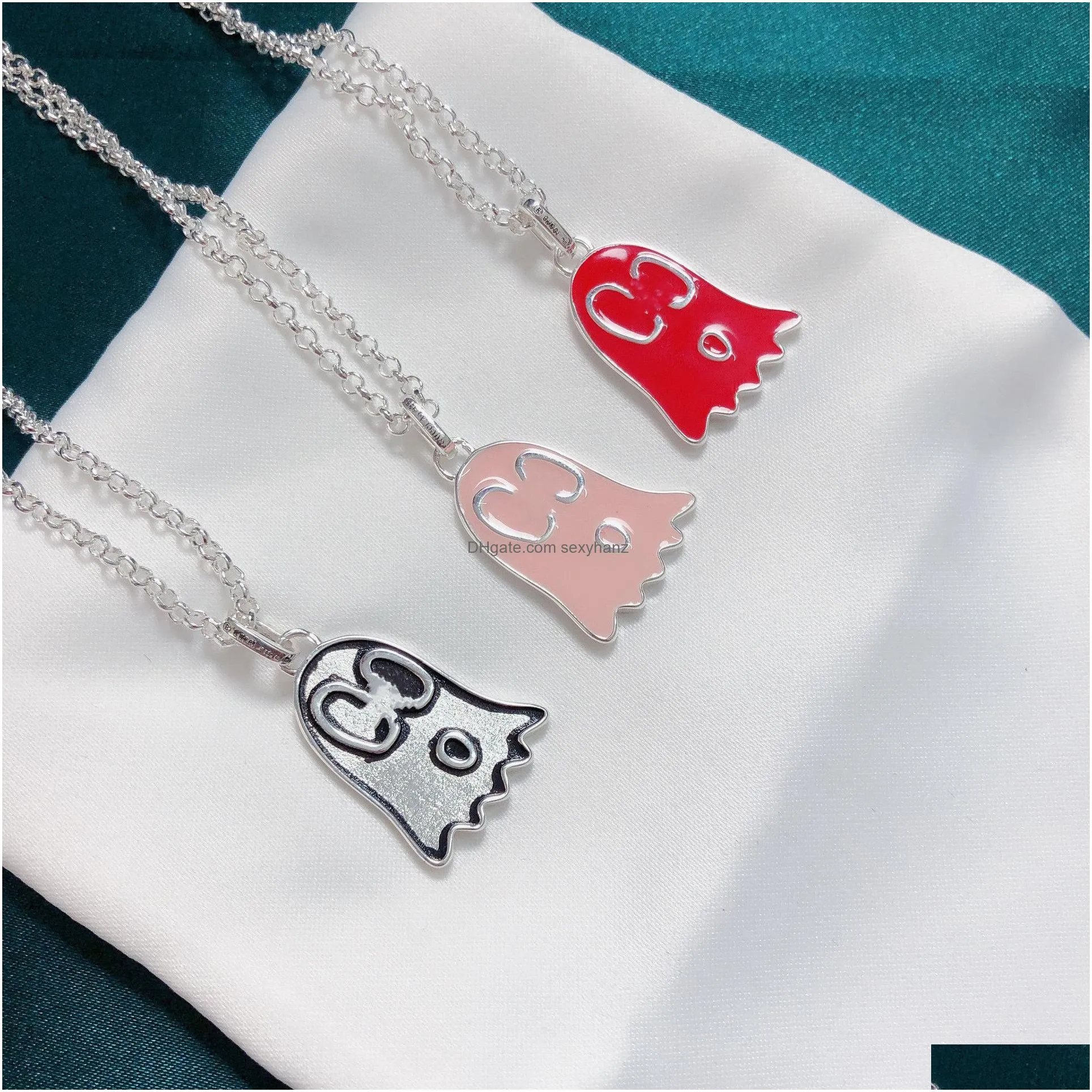 s925 silver ghost and ghost necklace vintage sterling silver epoxy enamel elf pendant necklace men and women silver red pink