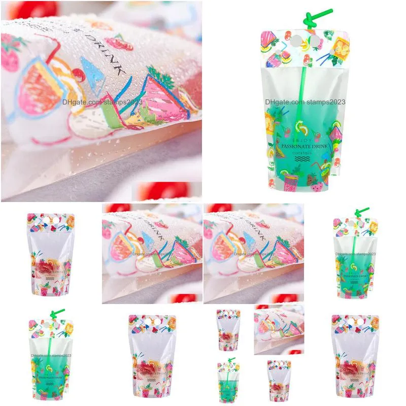 Storage Bags 500Ml Fruit Pattern Plastic Drink Packaging Bag Pouch For Beverage Juice Milk Coffee With Handle And Holes St Home Garden Dh9Kj