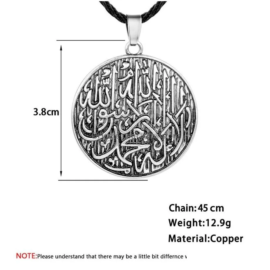 Pendant Necklaces Cxwind Fashion Round Disc Engraved Shahada Necklace Pendant Muslim Quran Koran Muhammad Arabic Retro Jewelry286K Jew Dhqne