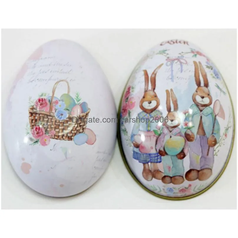 6 pieces easter bunny dress printing alloy metal trinket tin easter eggs shaped candy box tinplate case party decoration z11239556688