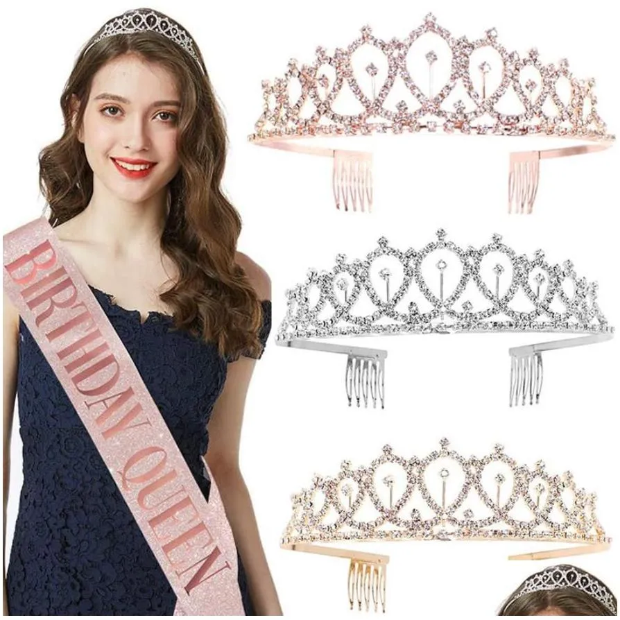 Other Festive & Party Supplies Fashion Birthday Decoration Rose Gold Queen/Girl Satin Sash With Crystal Crown For Women Adt 18 21Th Ho Dhson