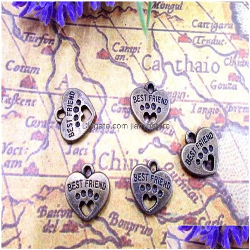 Charms 60Pcs-- Friend Charms Antique Bronze Tone With Heart Dog Paw Charm Pendants 15X15Mm336L Jewelry Jewelry Findings Components Dheiz