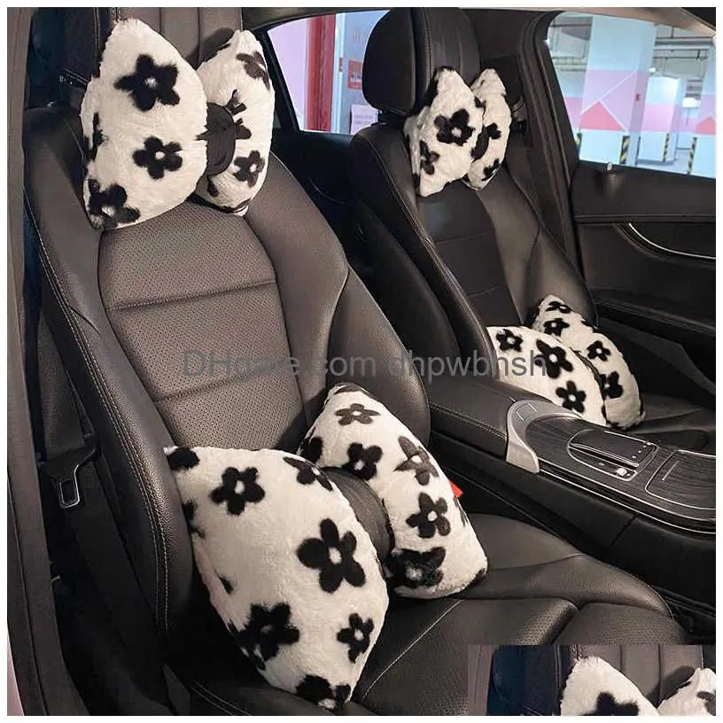  fashion floral patterns bow car interior neck pillows winter soft plush auto headrest seat support waist cushion car accessories