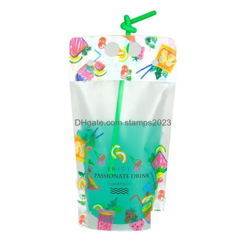 Storage Bags 500Ml Fruit Pattern Plastic Drink Packaging Bag Pouch For Beverage Juice Milk Coffee With Handle And Holes St Home Garden Dh9Kj