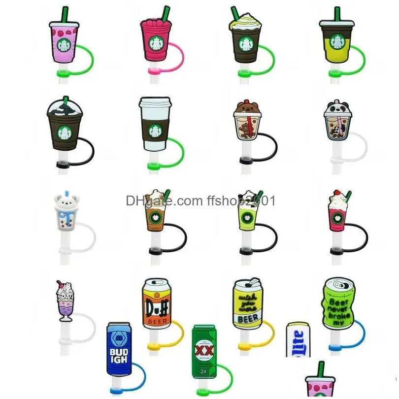 coffee cup milk tea pattern soft silicone straw charms toppers accessories covers reusable splash proof drinking dust plug decorative