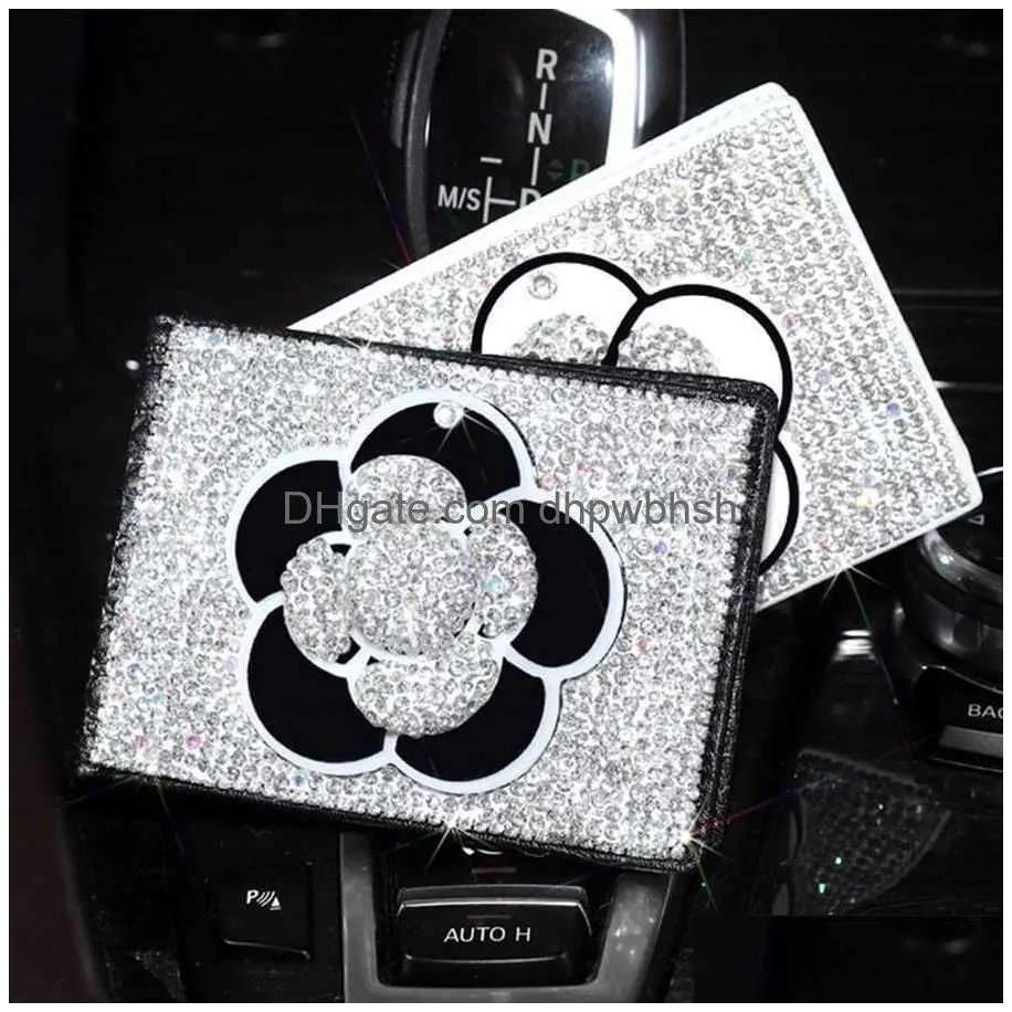  2022 bling crystal camellia car key case shiny keychain holder bag case diamond car accessories interior for woman girls