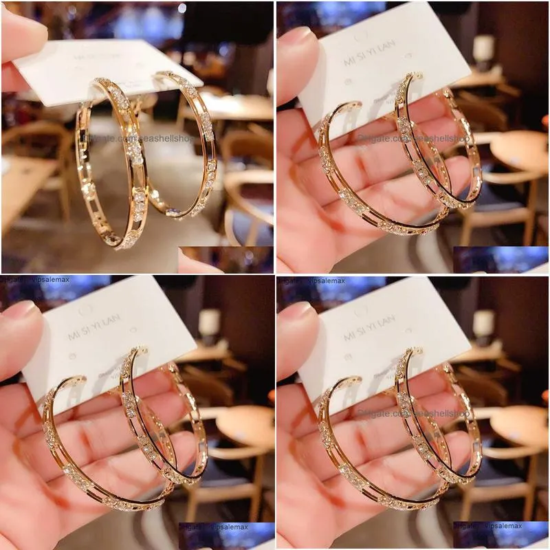 Charm Luxury Female Big White Round Hoop Earrings Fashion Gold Color Wedding Double Zircon Stone For Jewelry Earrings Dhahh