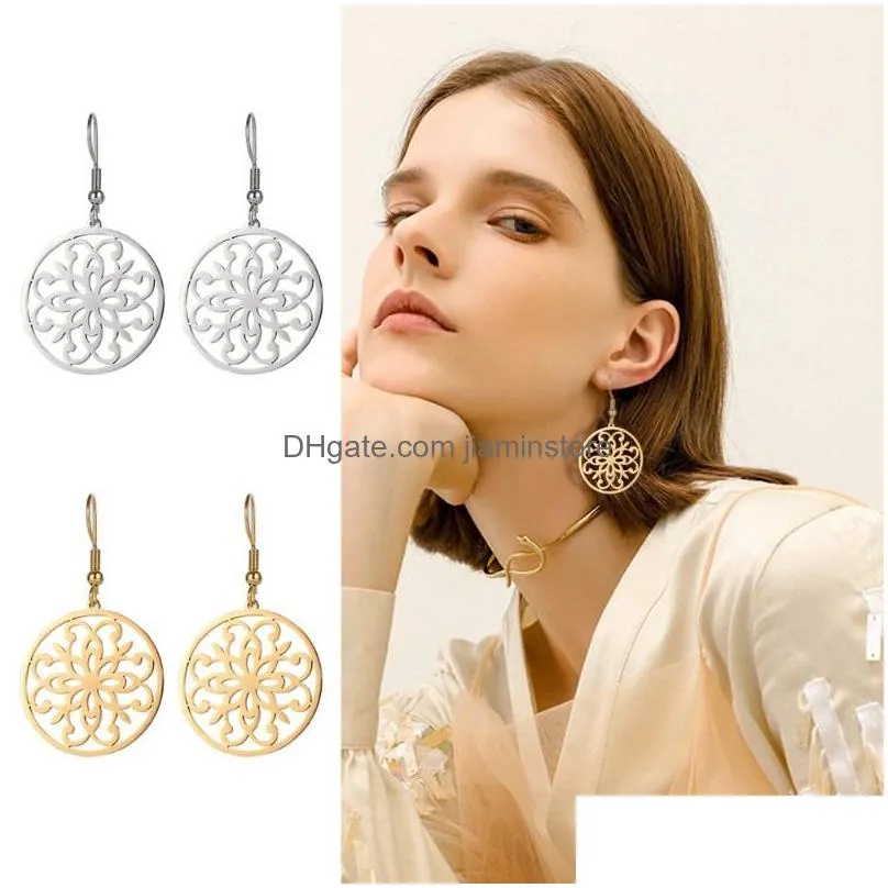 Dangle & Chandelier Dangle Chandelier Lucktune Retro Flower Drop Earrings Filigree Stainless Steel Round Hoop For Women Gift Fashion J Dhwld