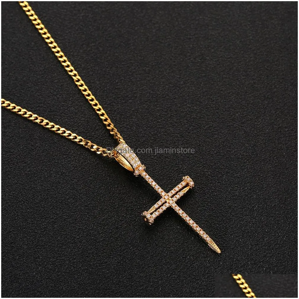 Pendant Necklaces Micro Pave Iced Out Cubic Zircon Nail Cross Pendant Necklace Jewelry With Cuban Chain Or Rope Chain201N Jewelry Neck Dhetm