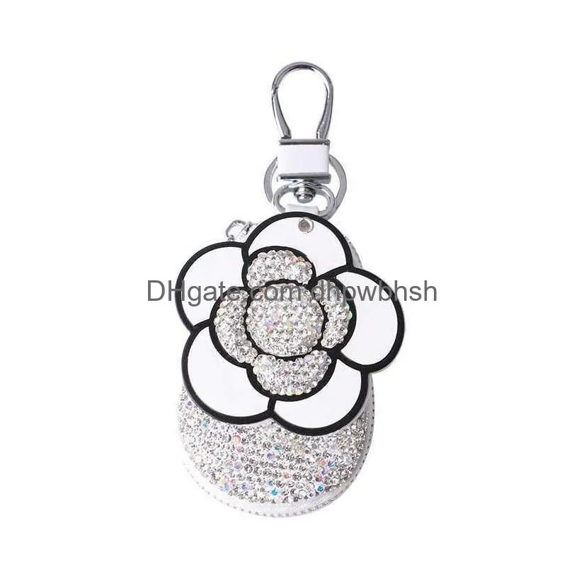  2022 bling crystal camellia car key case shiny keychain holder bag case diamond car accessories interior for woman girls