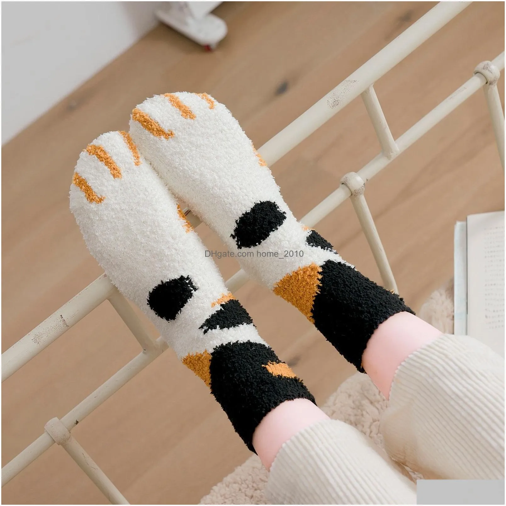 plush winter cute style cat paw cartoon pattern women cotton socks super soft for female stay in the house sleeping floor sox