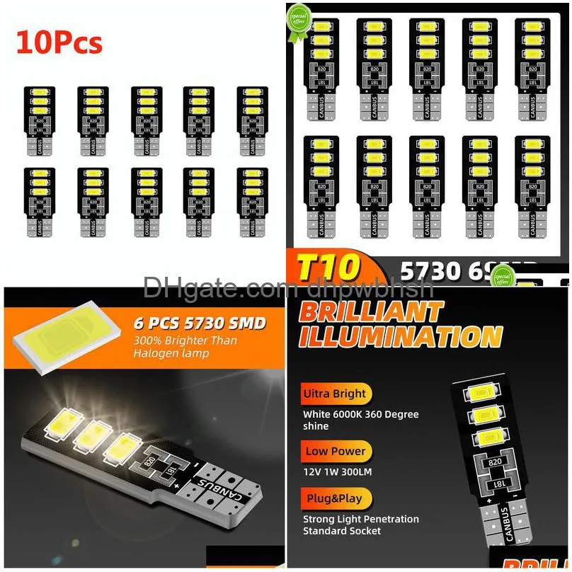  10pcs car signal lamp w5w t10 led bulbs canbus 5630 6smd 12v 6000k 194 168 ledclearance lights reading license plate light