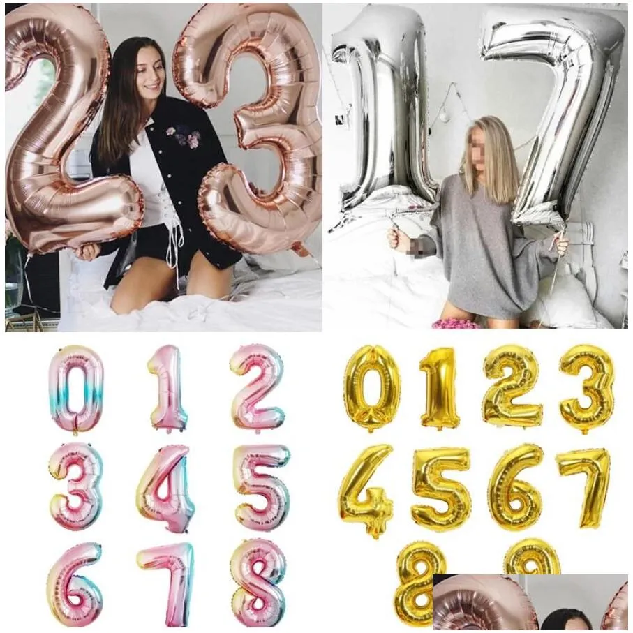 Party Decoration 32Inch Large Number Aluminum Foil Balloons Rose Gold Sier Digit Figure Balloon Child Adt Birthday Wedding Decor Party Dh8Ti
