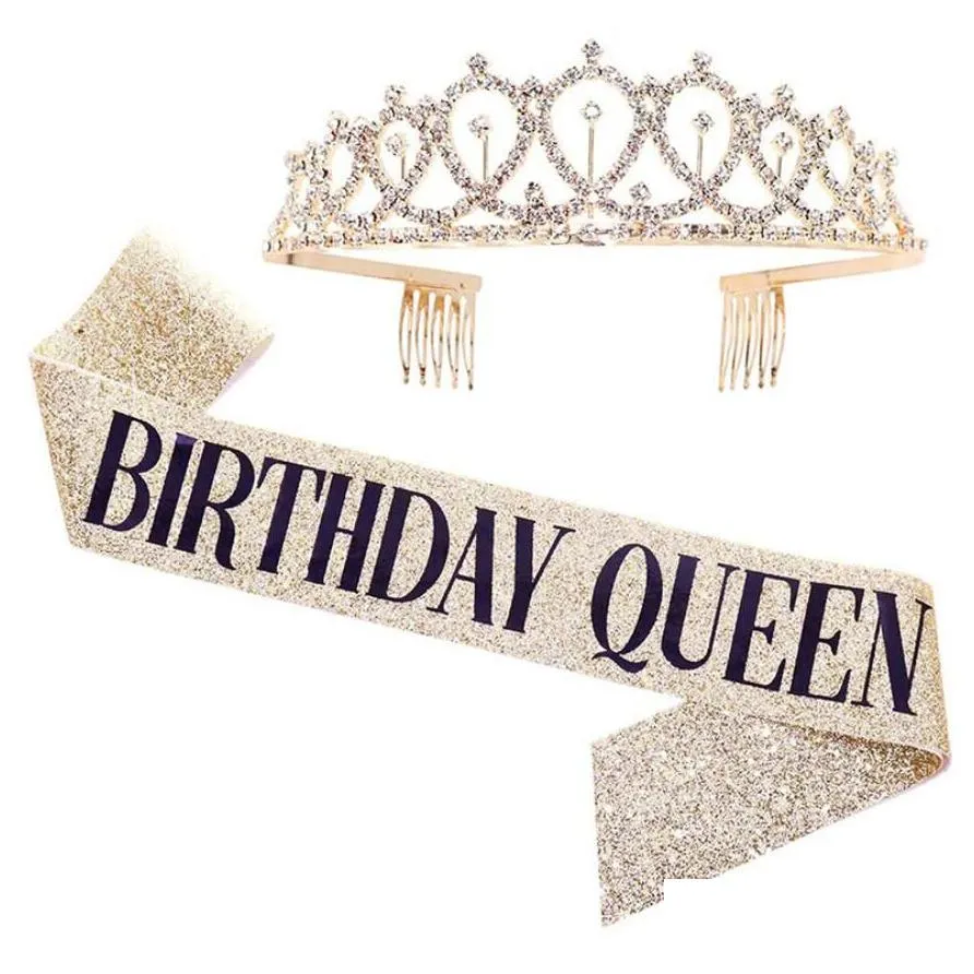 Other Festive & Party Supplies Fashion Birthday Decoration Rose Gold Queen/Girl Satin Sash With Crystal Crown For Women Adt 18 21Th Ho Dhson