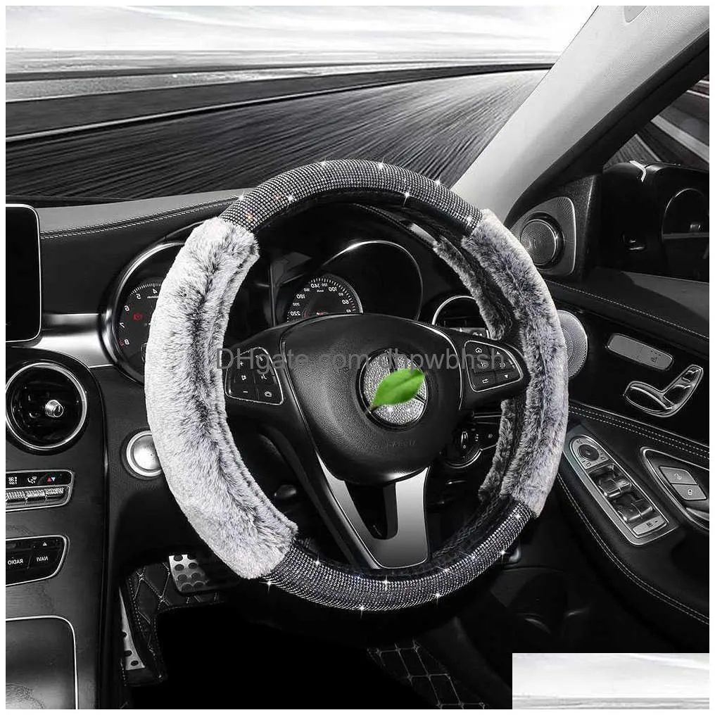  luxury rhinestone car steering wheel cover plush car auto grip winter warm bling car accessories interior for girl women