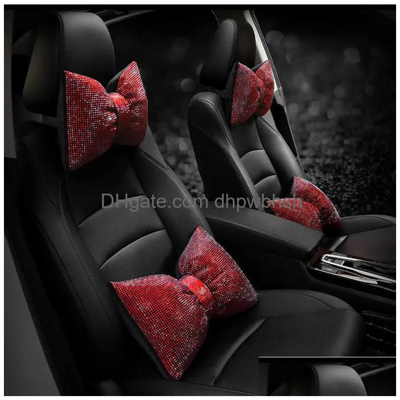  2pcs red diamond crystal bowknot car neck pillow rhinestone auto headrest seat support pillows bling car accessories for women