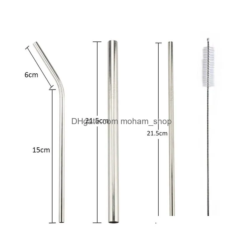 metal reusable 304 stainless steel straight bend drinking straw with case cleaning brush set party bar attachment inventory wholesale