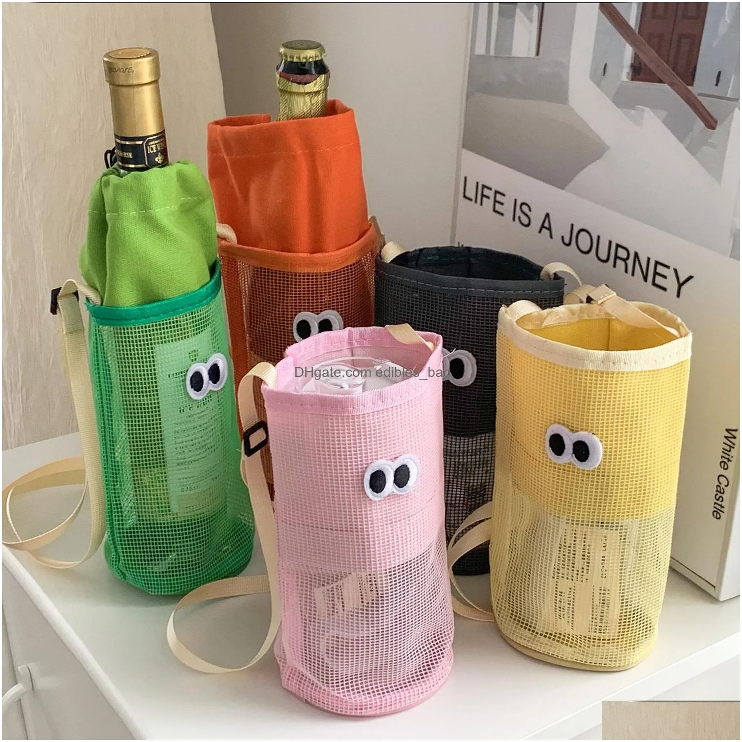 mesh bag korea livewok lovely big eyes drawstring mouth water cup bottle storage bag womens single shoulder diagonal