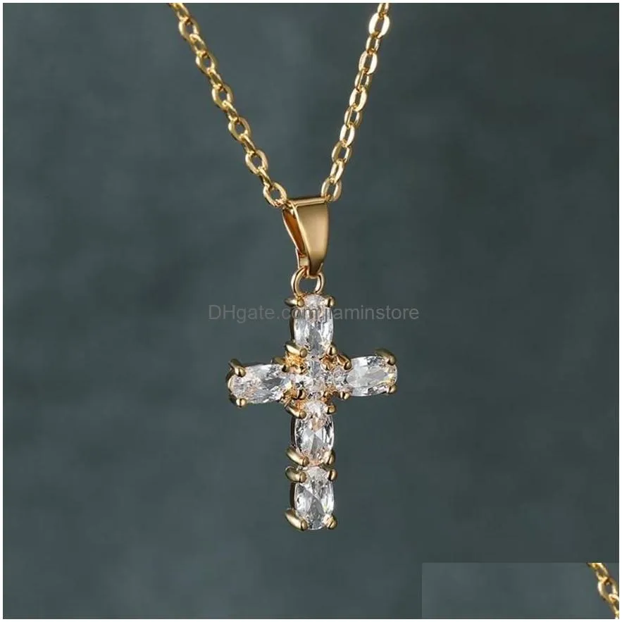 Pendant Necklaces Pendant Necklaces One Piece Jesus Cross Necklace For Women Luxury Crystal Rose Gold Sier Color Chains Wedding Jewelr Dhvkg