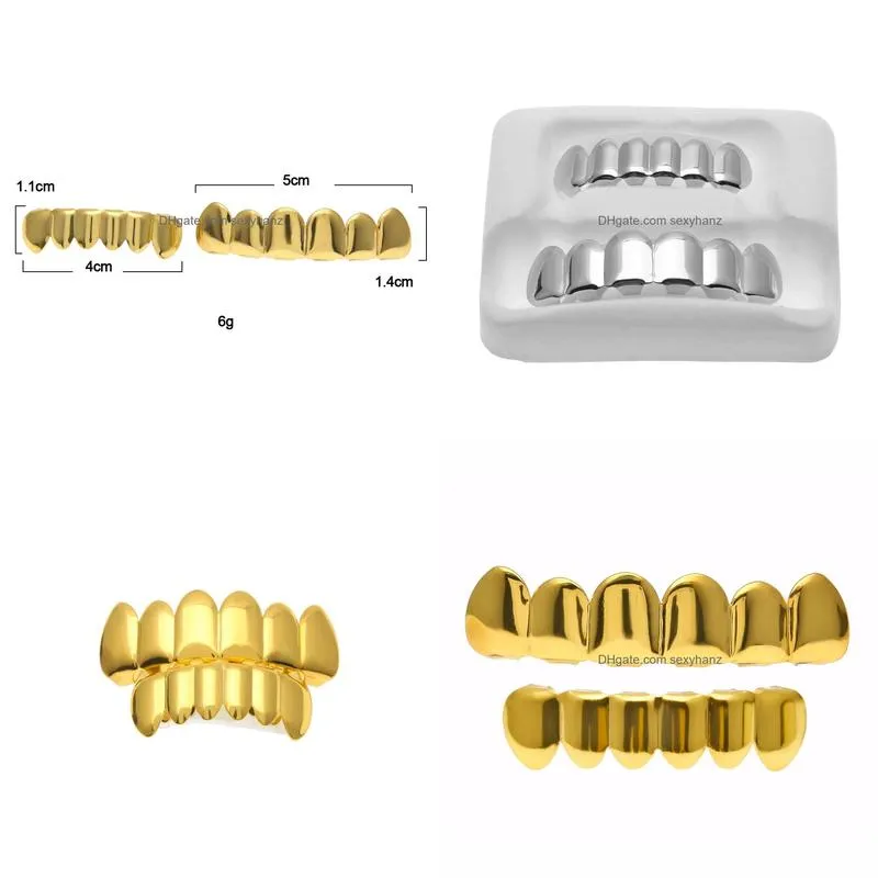 real shiny 18k gold rhodium plated hiphop teeth grillz caps top bottom grill set for men8214888