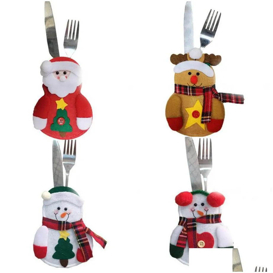 Christmas Decorations Santa Claus Snowman Knife And Fork Sets Christmas Cutlery Set Tableware Holder Bag Table Decoration Home Garden Dh2Hb