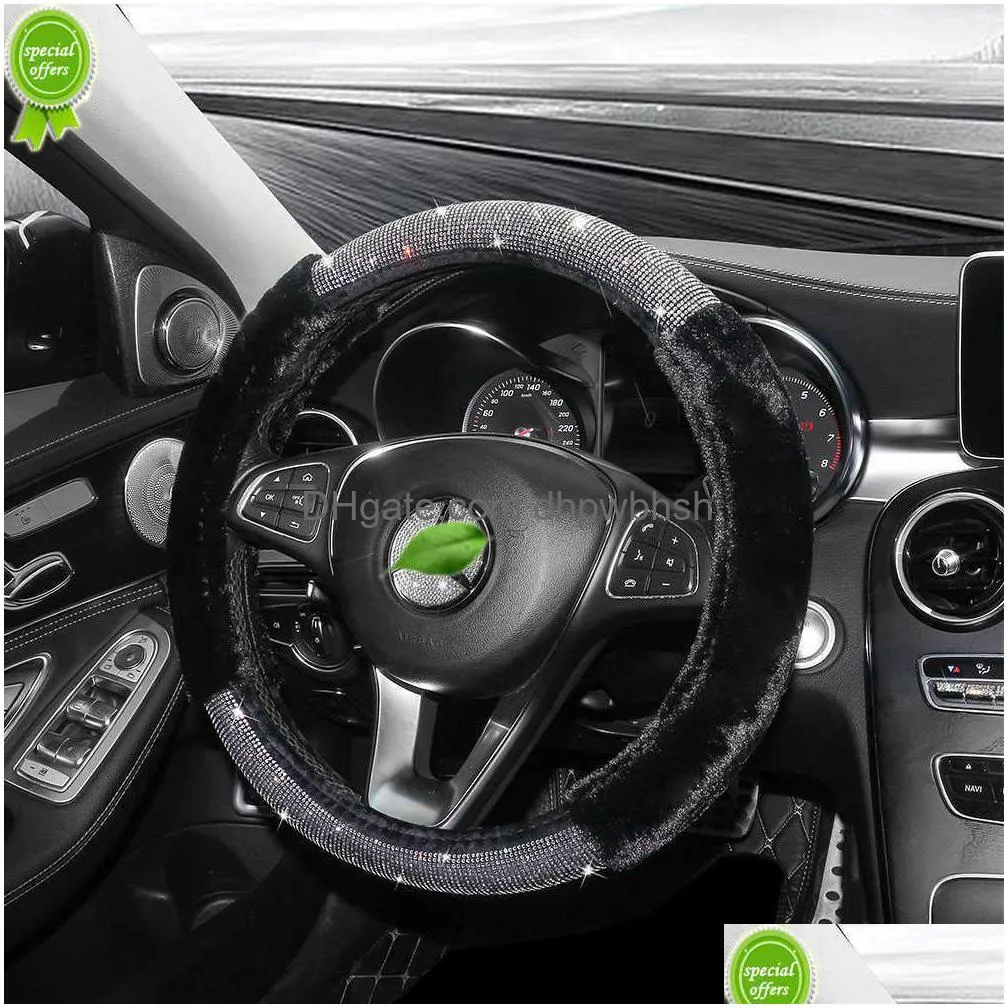  luxury rhinestone car steering wheel cover plush car auto grip winter warm bling car accessories interior for girl women