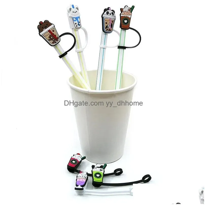 coffee cup milk tea pattern soft silicone straw charms toppers accessories covers reusable splash proof drinking dust plug decorative