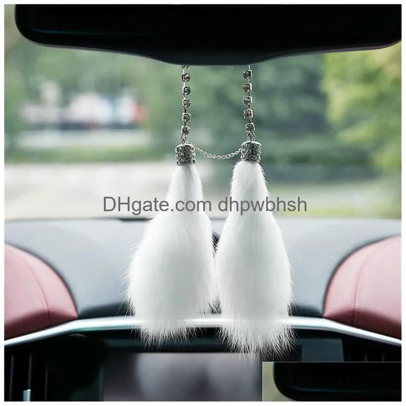  car auto rearview mirror pendant crystal fox fur hanging ornament charm feather hairy chain car interior decoration accessories