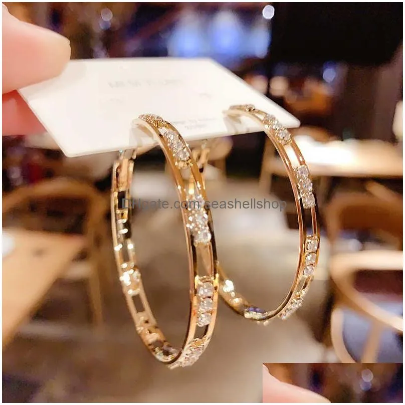 Charm Luxury Female Big White Round Hoop Earrings Fashion Gold Color Wedding Double Zircon Stone For Jewelry Earrings Dhahh