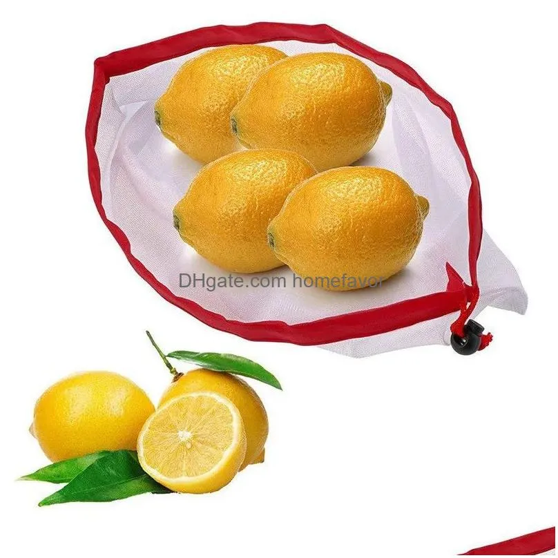 quality 12pcs reusable mesh produce bags double stitched drawstring mesh bag for grocery shopping storage fruit vegetable