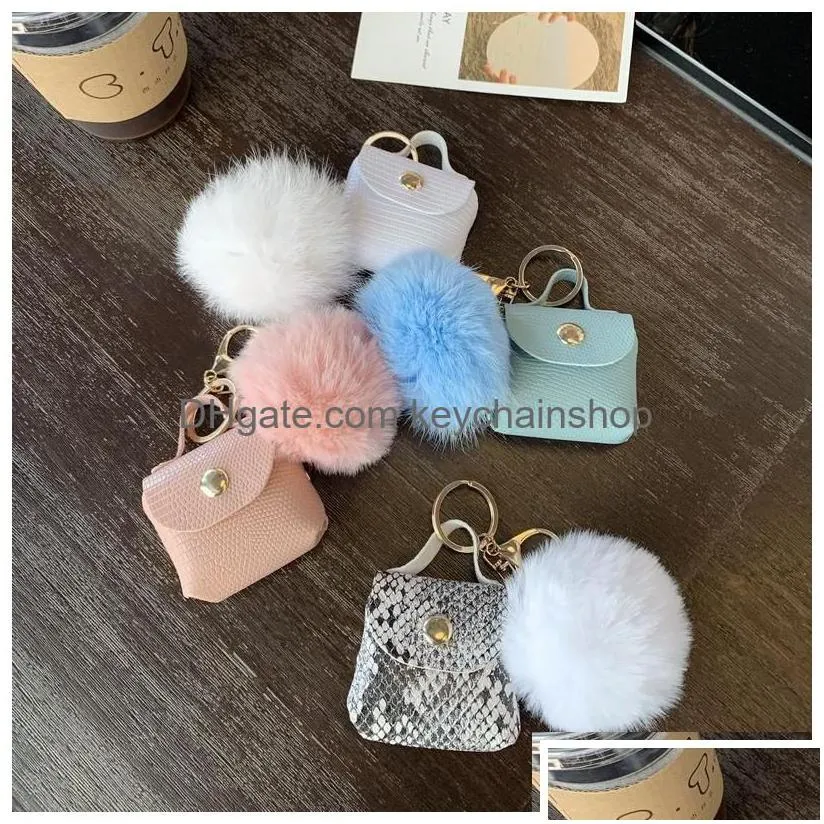 key rings pompom leather bag keychains coin purses chains holders fashion pu pouches pendant keyrings trinkets cute women pom ball c