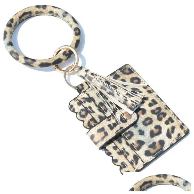 Key Rings Women Wallet Keychains Leopard Print Pu Leather Tassels Bracelet Keychain Credit Card Bangle Key Ring Wristlet Handbag Acces Dhwvh