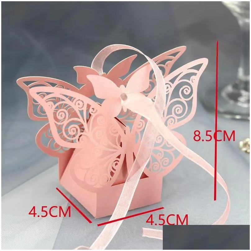 Gift Wrap Gift Wrap 50/100Pcs Packaging Butterfly Laser Cut Hollow Carriage Favors Gifts Box Candy Dragee Boxes Baby Shower Wedding Ho Dhmks