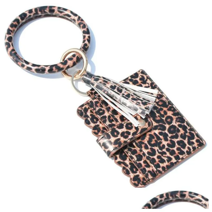 Key Rings Women Wallet Keychains Leopard Print Pu Leather Tassels Bracelet Keychain Credit Card Bangle Key Ring Wristlet Handbag Acces Dhwvh