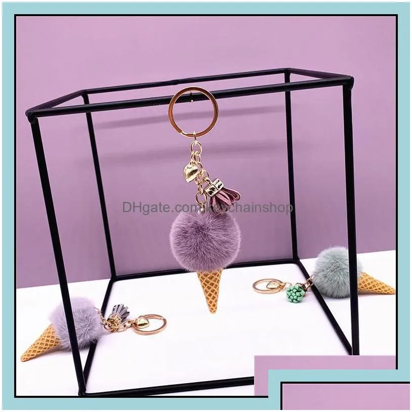 keychains fashion accessories ice cream pompom keychain cute bag cartoon plush pendant cone car key chains keyring hairball creative gift