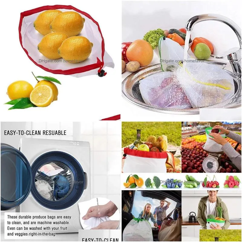 quality 12pcs reusable mesh produce bags double stitched drawstring mesh bag for grocery shopping storage fruit vegetable