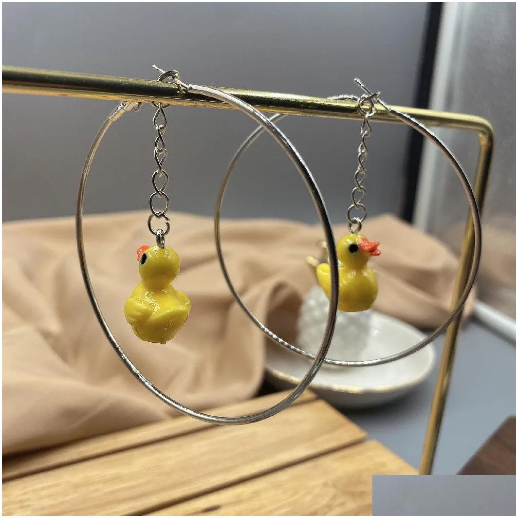 Charm Fashion Cute Yellow Duck Charms Earrings Girls Geometric Big Hoops Jewelry Jewelry Earrings Dhsea