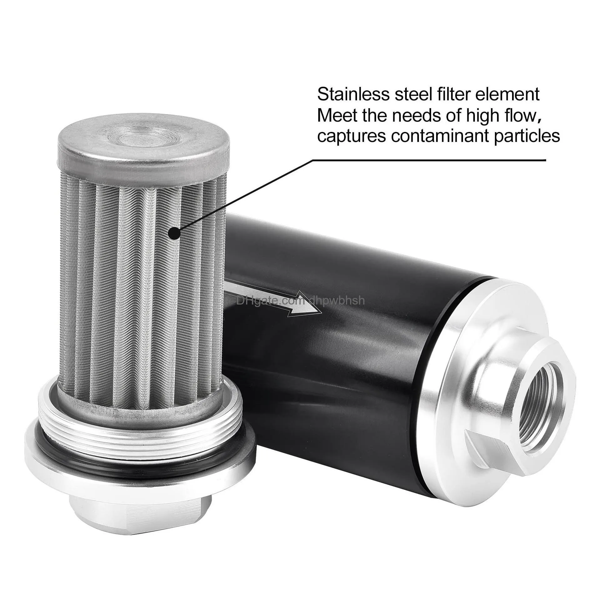 inline fuel filter 100 micron with 6an 8an 10an adapter for gasoline diesel e85 capture contaminant particles universal 50mm