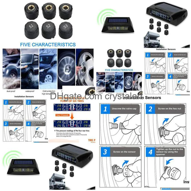 Codash 8Bar Car Solar Tpms Tire Pressure Monitoring System Display Alarm Monitor Usb Charging Temperature Alert 6 Sensors