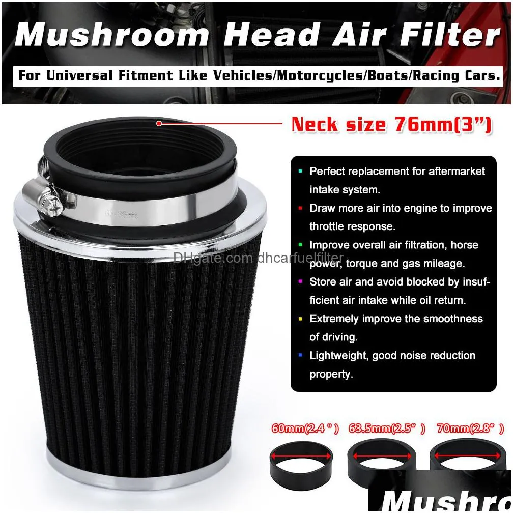 universal car high flow cold air inlet air intake system mushroom head air filter neck 76mm / 70mm / 63.5mm / 60mm pqy-ait24