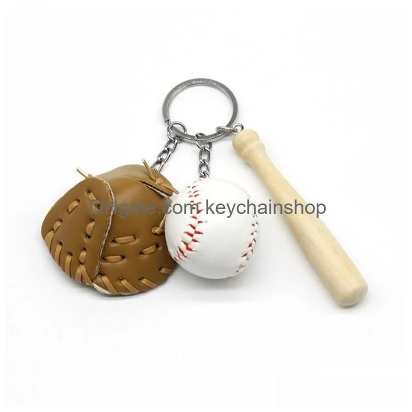 key rings baseball keychains mini pu leather glove wood bat sports car chain ring holder fashion jewelry gift keyrings for man drop d