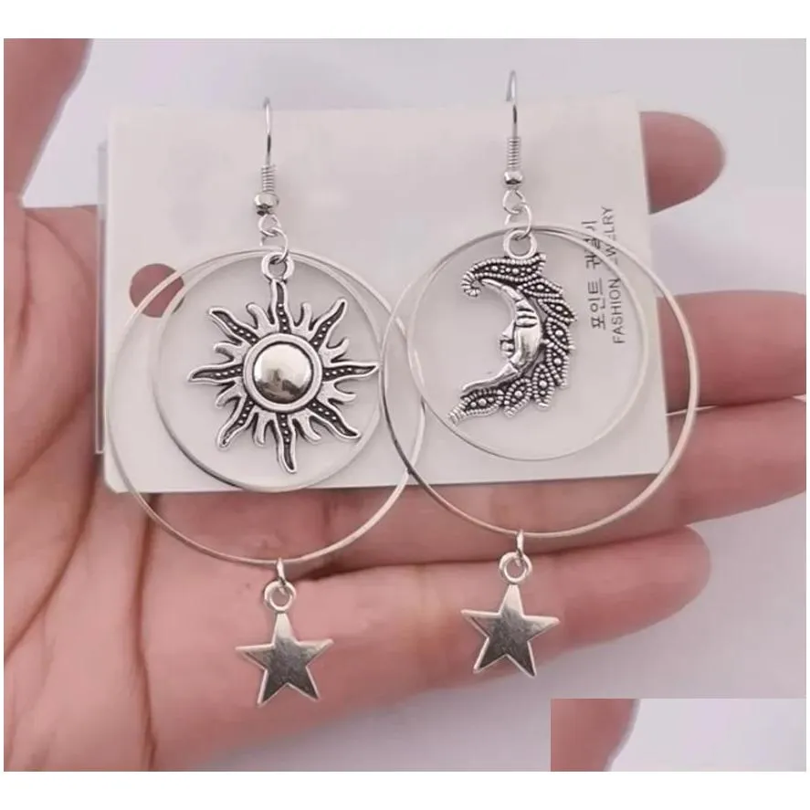 Charm 20Pairs The Sun Moon Star Earrings Tibetan Sier Drop Hoop Earringsboho Pagan Gift Celestial Jewelry Earrings Dhil1