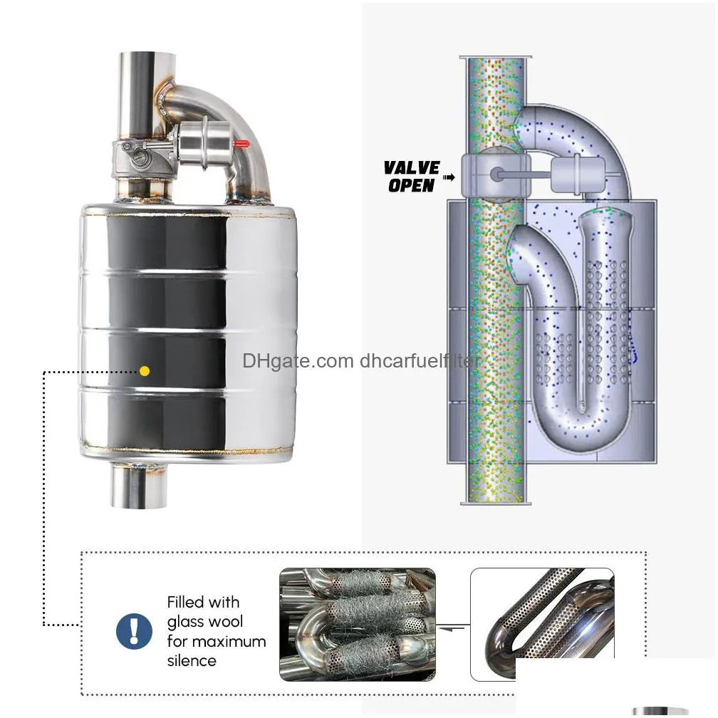 stainless steel single exhaust muffler 2.5 inch 3inch 3.5 slant outlet tip inlet weld on w/ different sounds/dump valve exhaust cutout